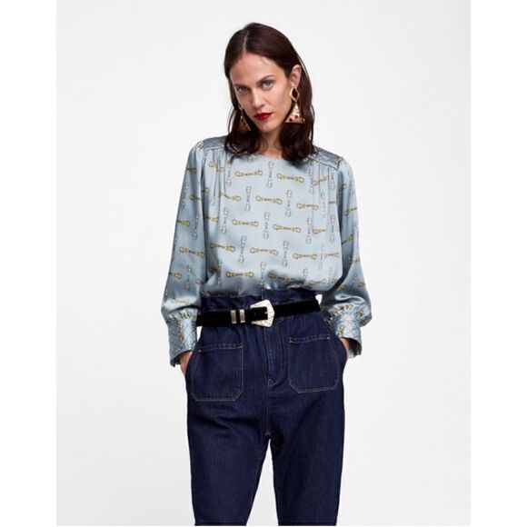 Zara 1975 Denim Pull-On Paperbag Waist Front Patch Pockets Balloon Tapered Jeans - Picture 3 of 16